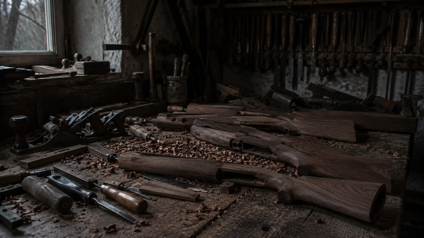 Finished walnut gunstocks at the Alyus workshop