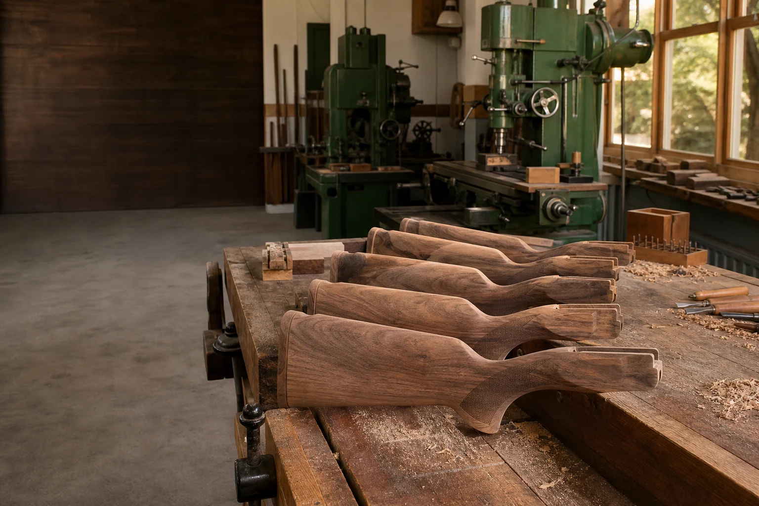 Walnut stocks arranged inside the Alyus workshop